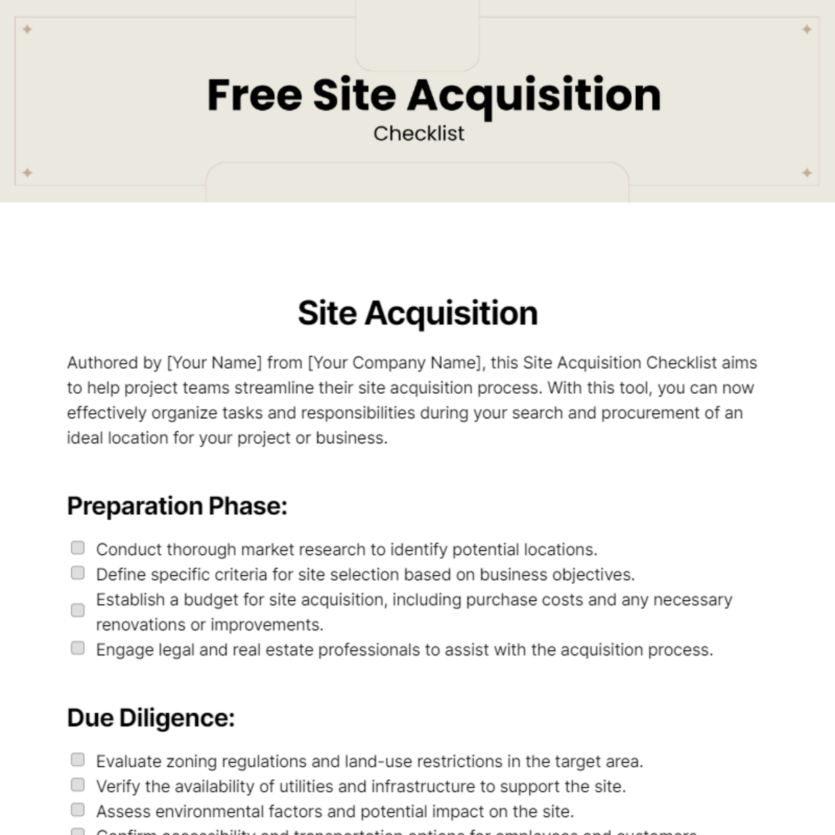Site Acquisition Checklist Template