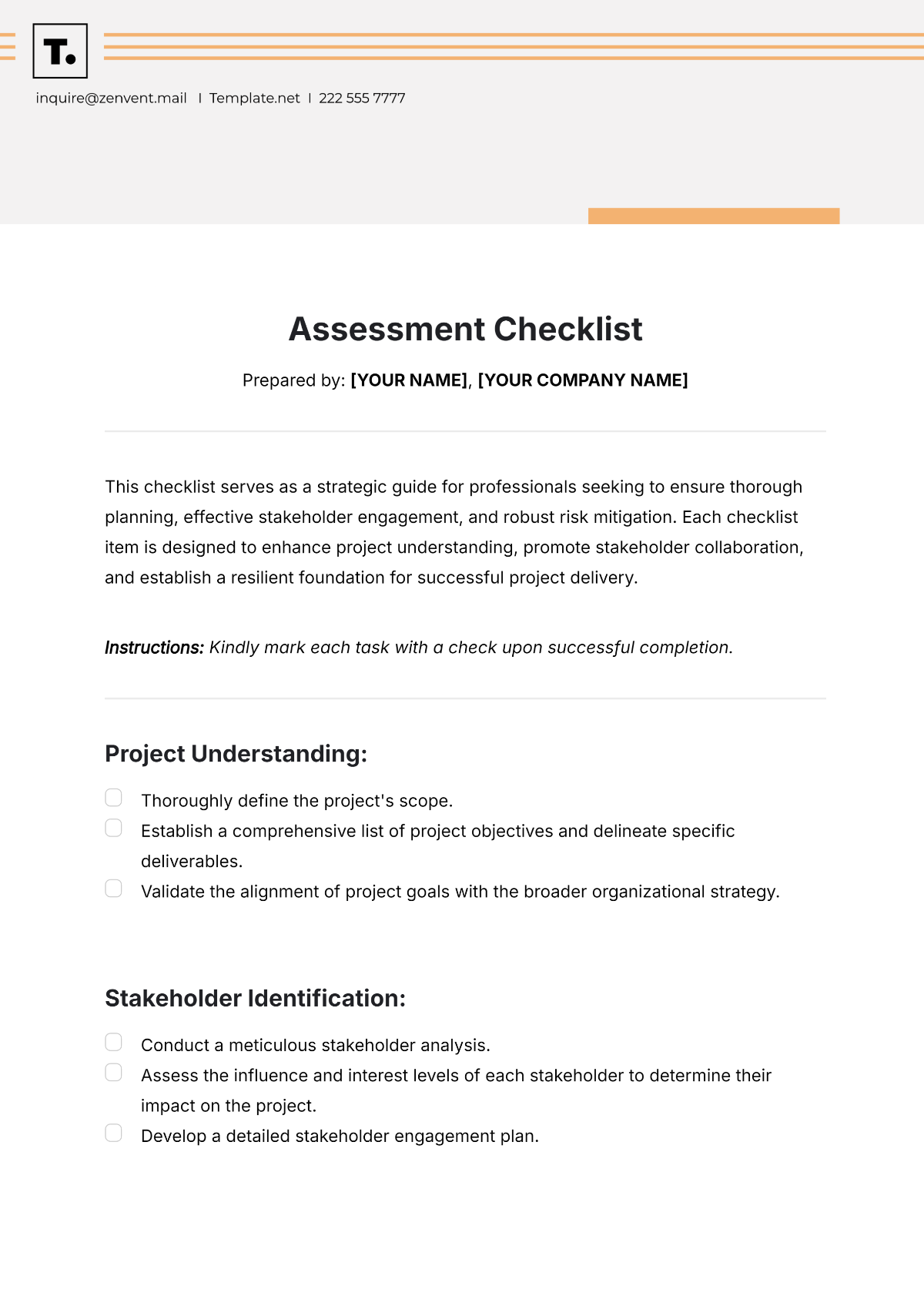 Free Assessment Checklist Template