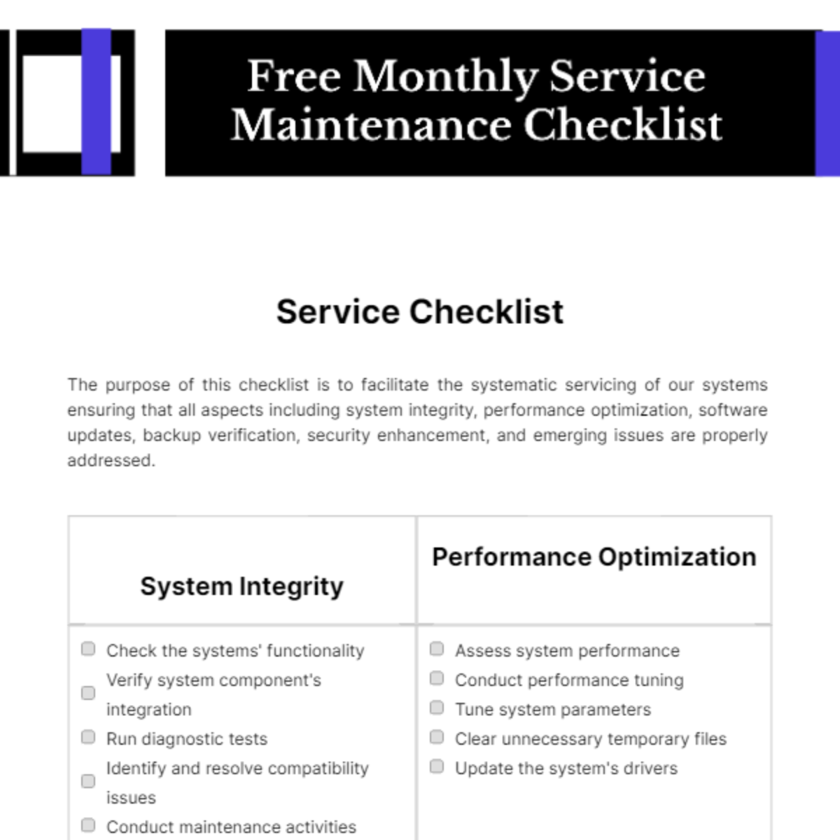 Monthly Service Maintenance Checklist Template