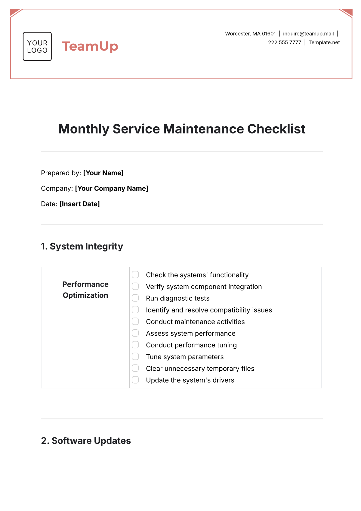 Monthly Service Maintenance Checklist Template - Edit Online & Download