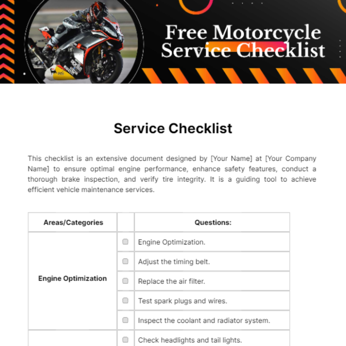 Motorcycle Service Checklist Template
