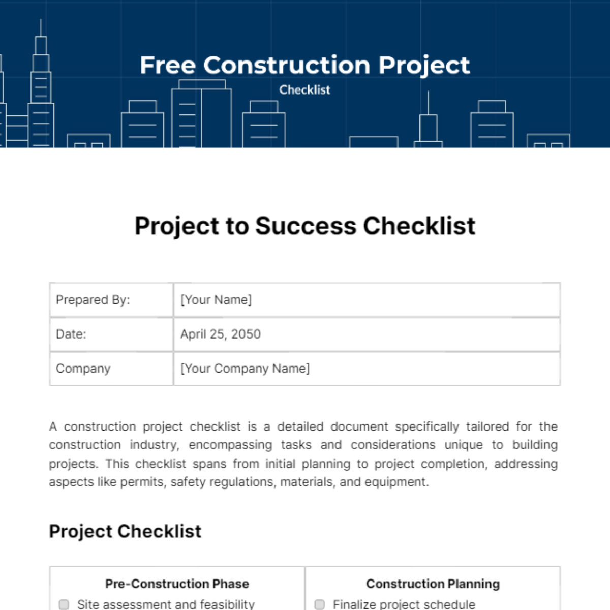 Free Construction Project Checklist Template