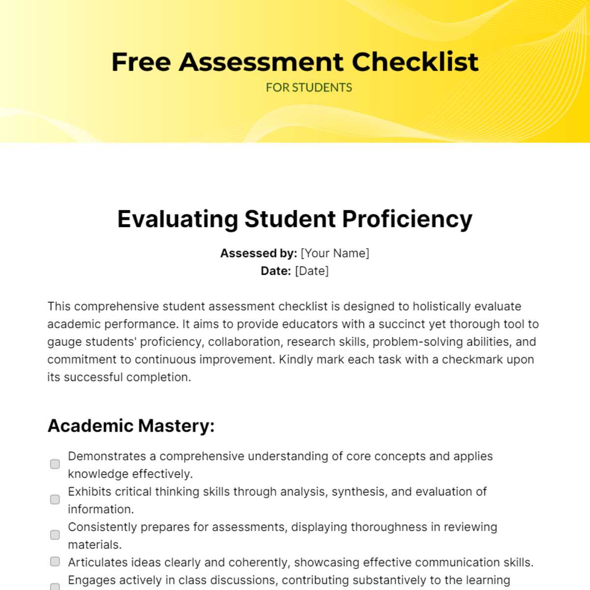 Assessment Checklist for Students Template