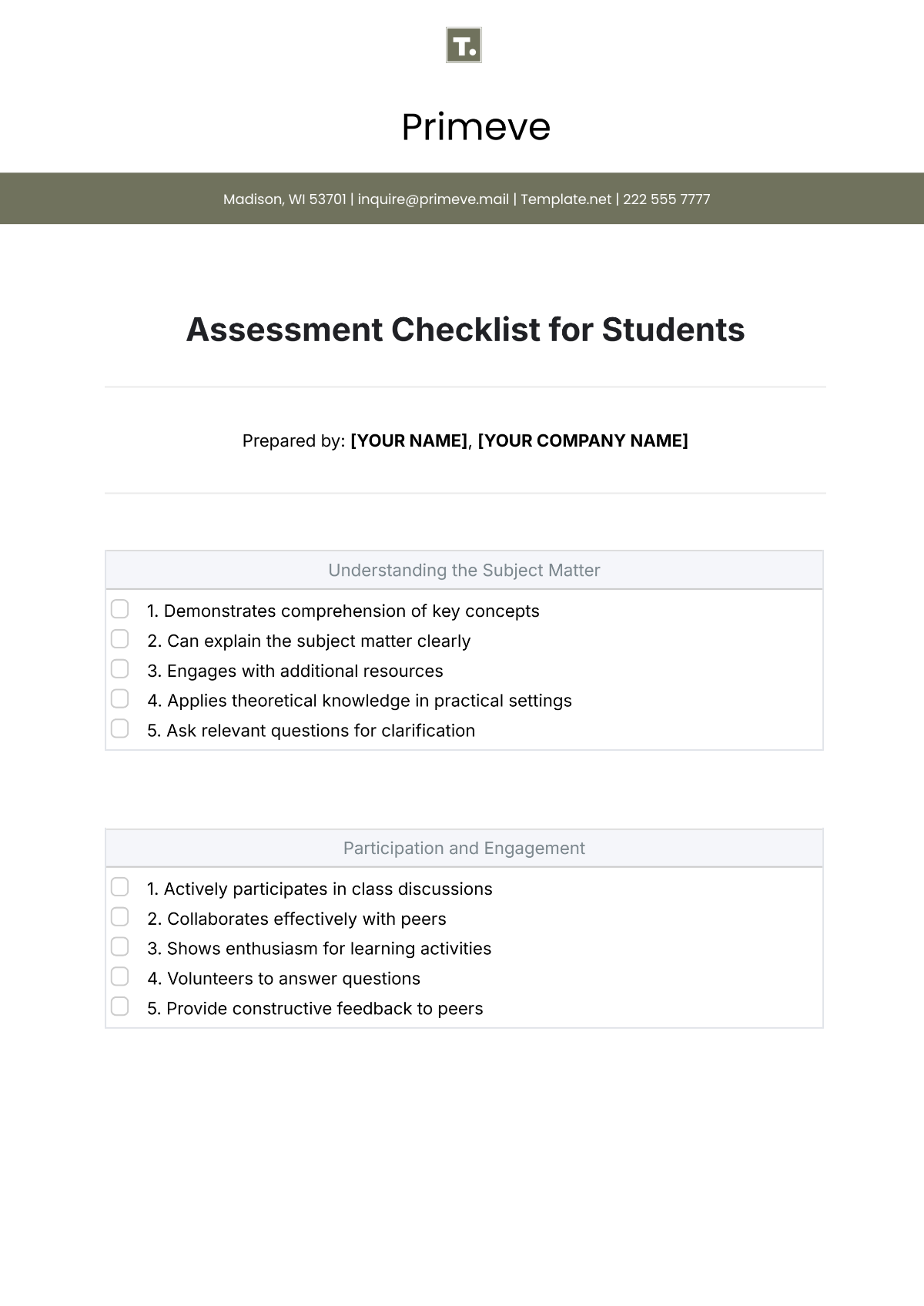 Free Assessment Checklist for Students Template