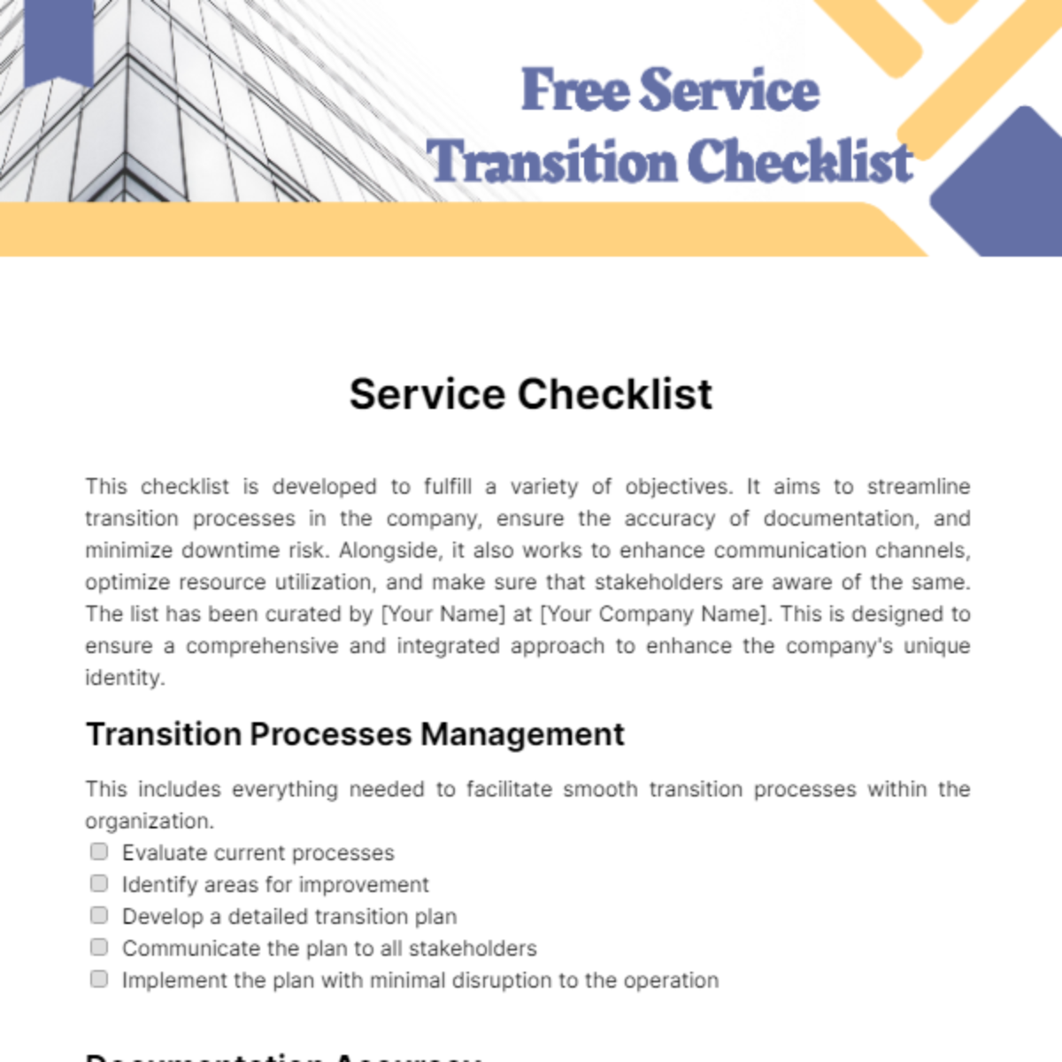 Free Service Transition Checklist Template