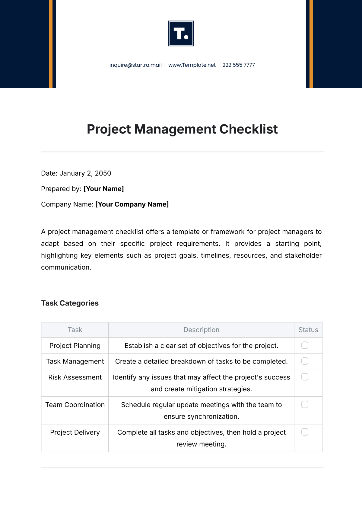 Project Management Checklist Template - Edit Online & Download