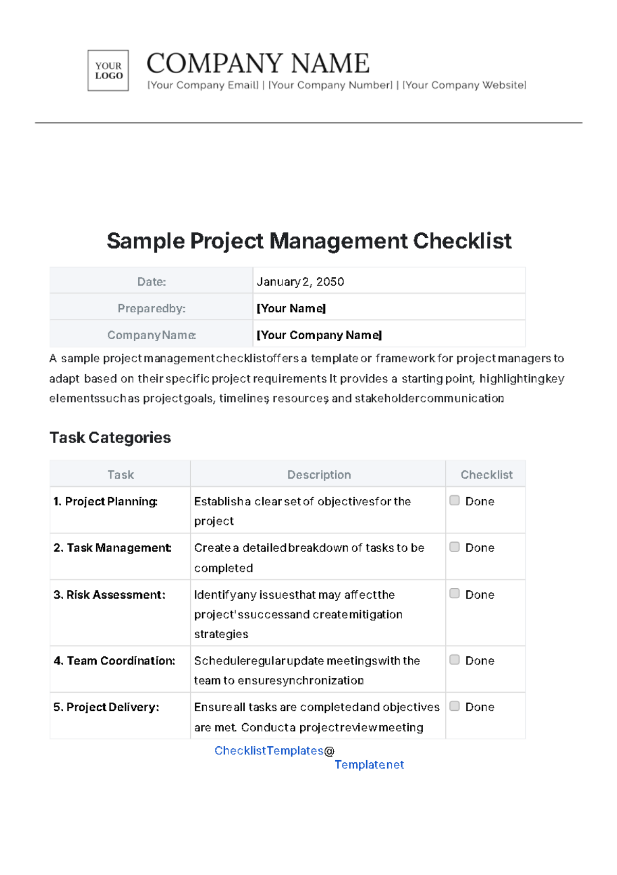 Project Management Checklist Template - Edit Online & Download