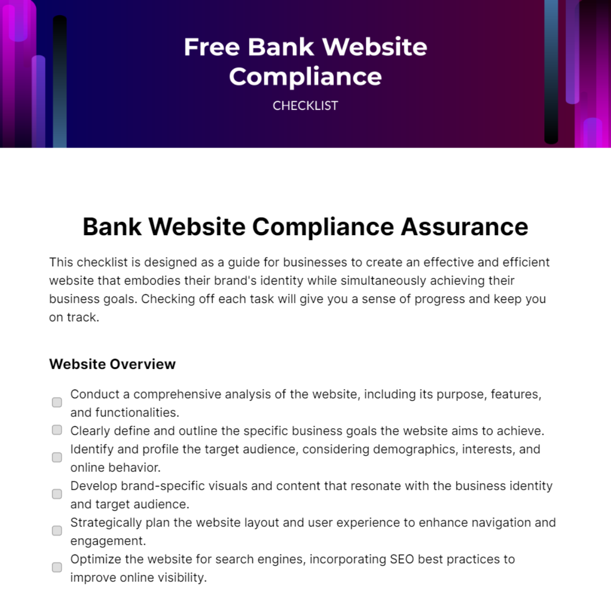 Free Bank Website Compliance Checklist Template