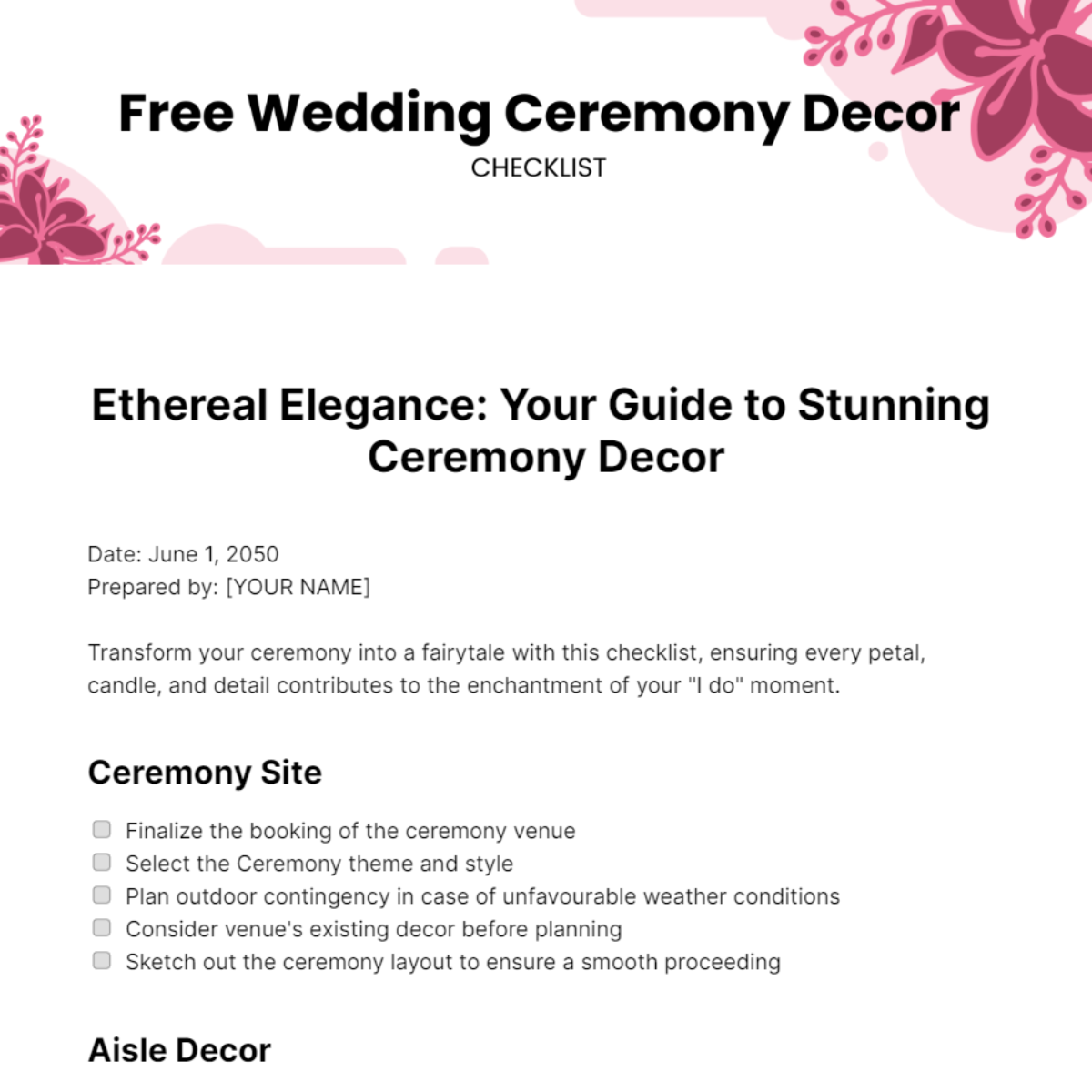 Wedding Ceremony Decor Checklist Template