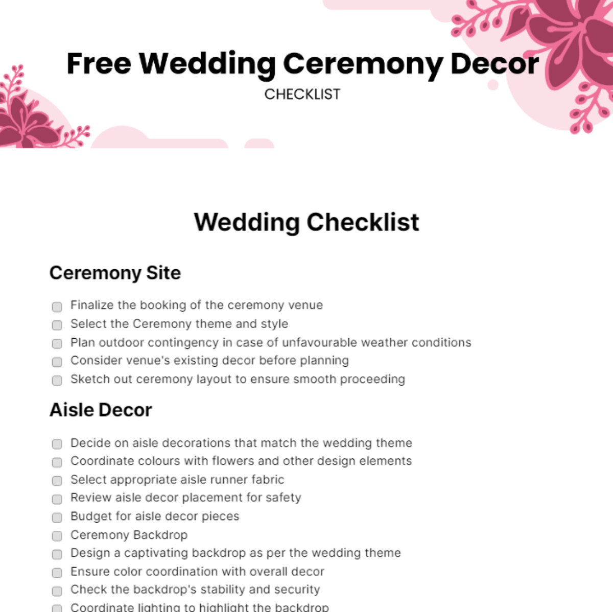 Wedding Ceremony Decor Checklist - Edit Online & Download Example