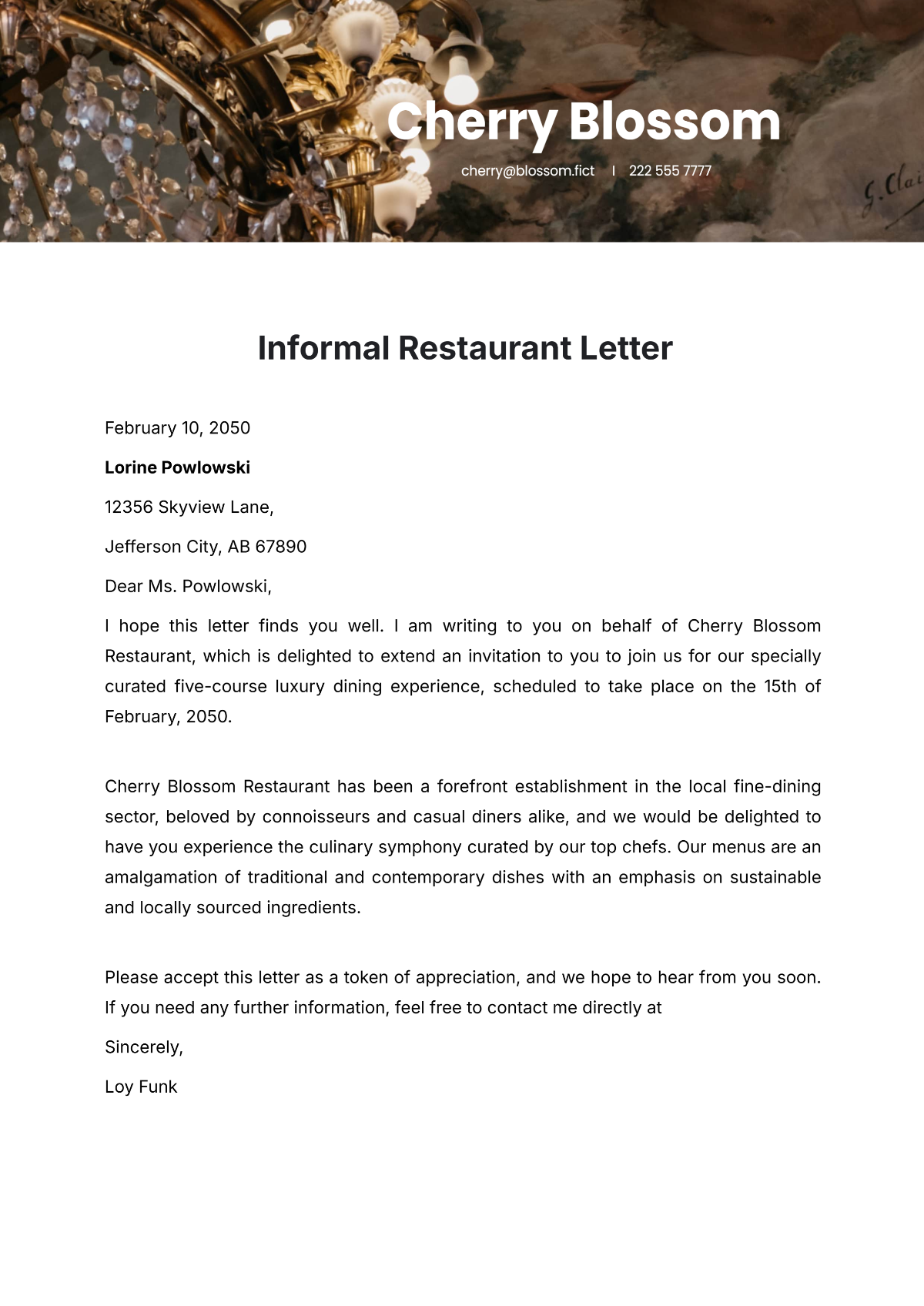 Free Informal Restaurant Letter Template