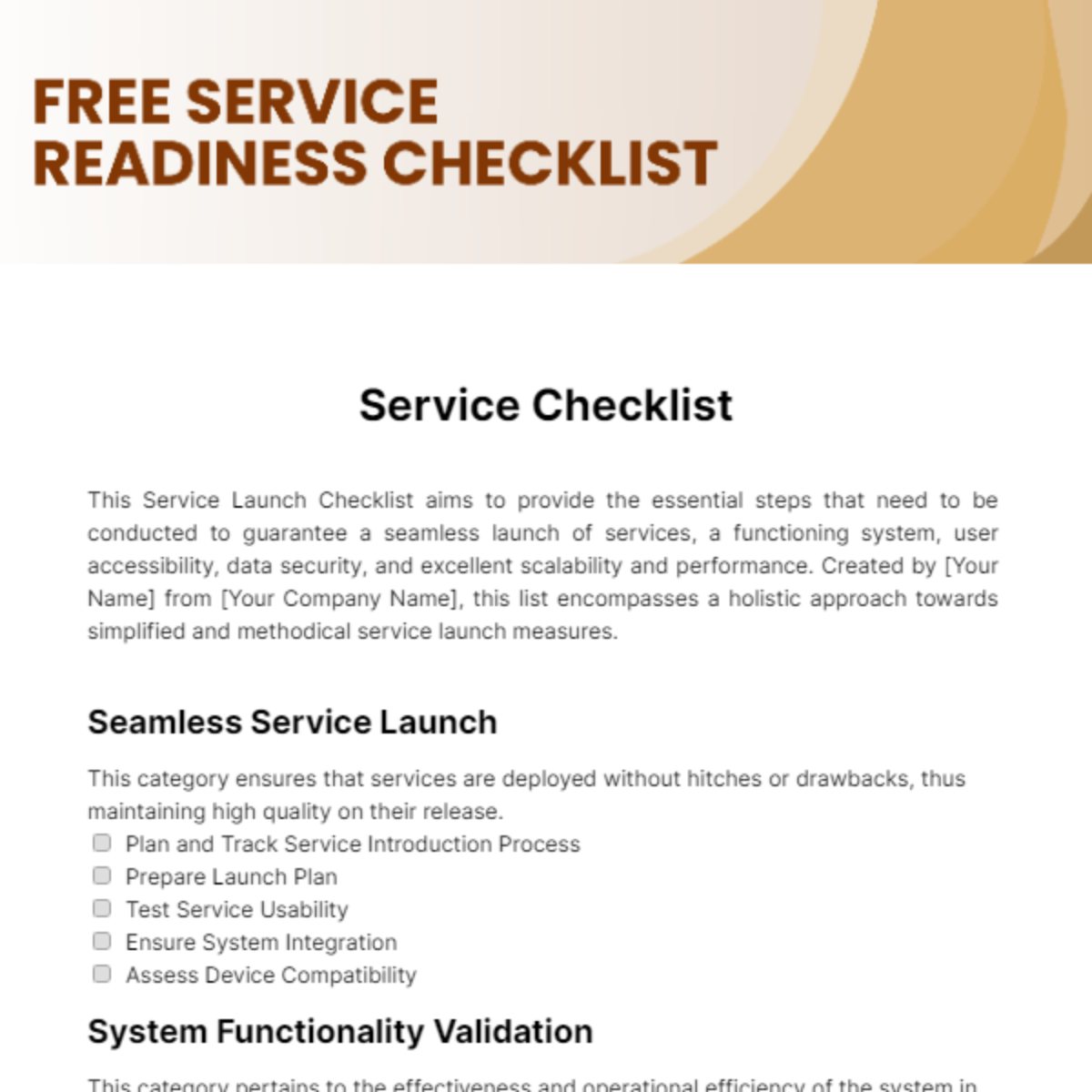 Service Readiness Checklist Template