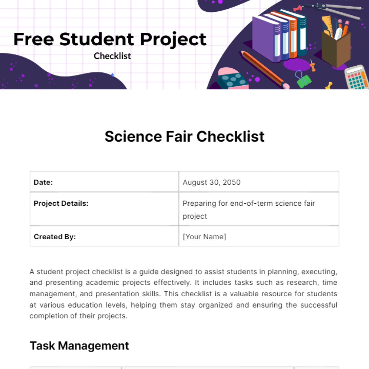 Student Project Checklist Template