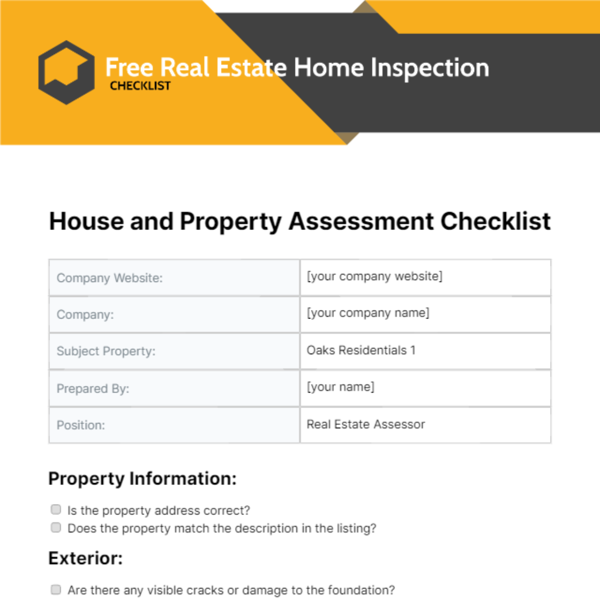 Real Estate Home Inspection Checklist Template