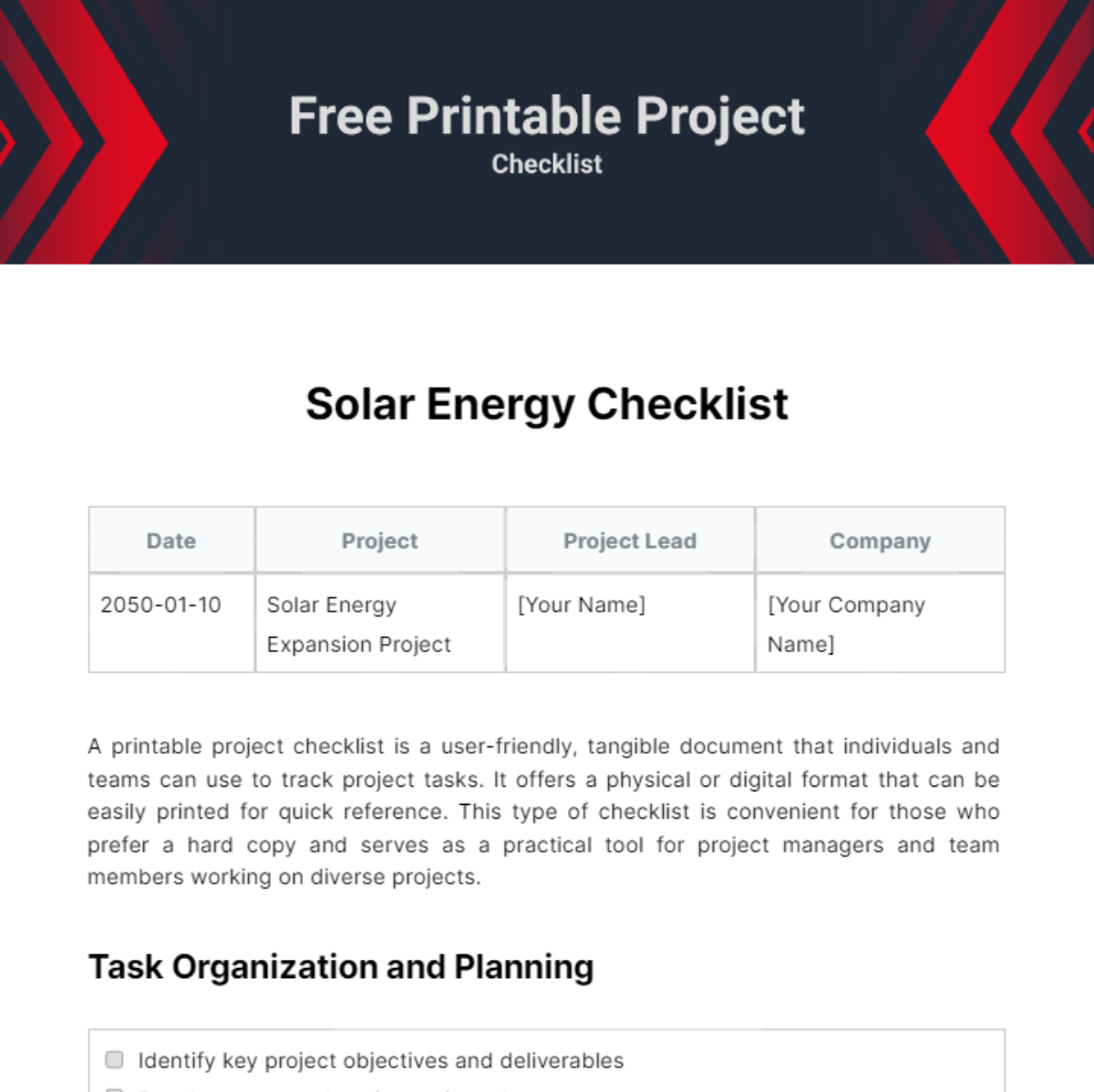 Printable Project Checklist Template