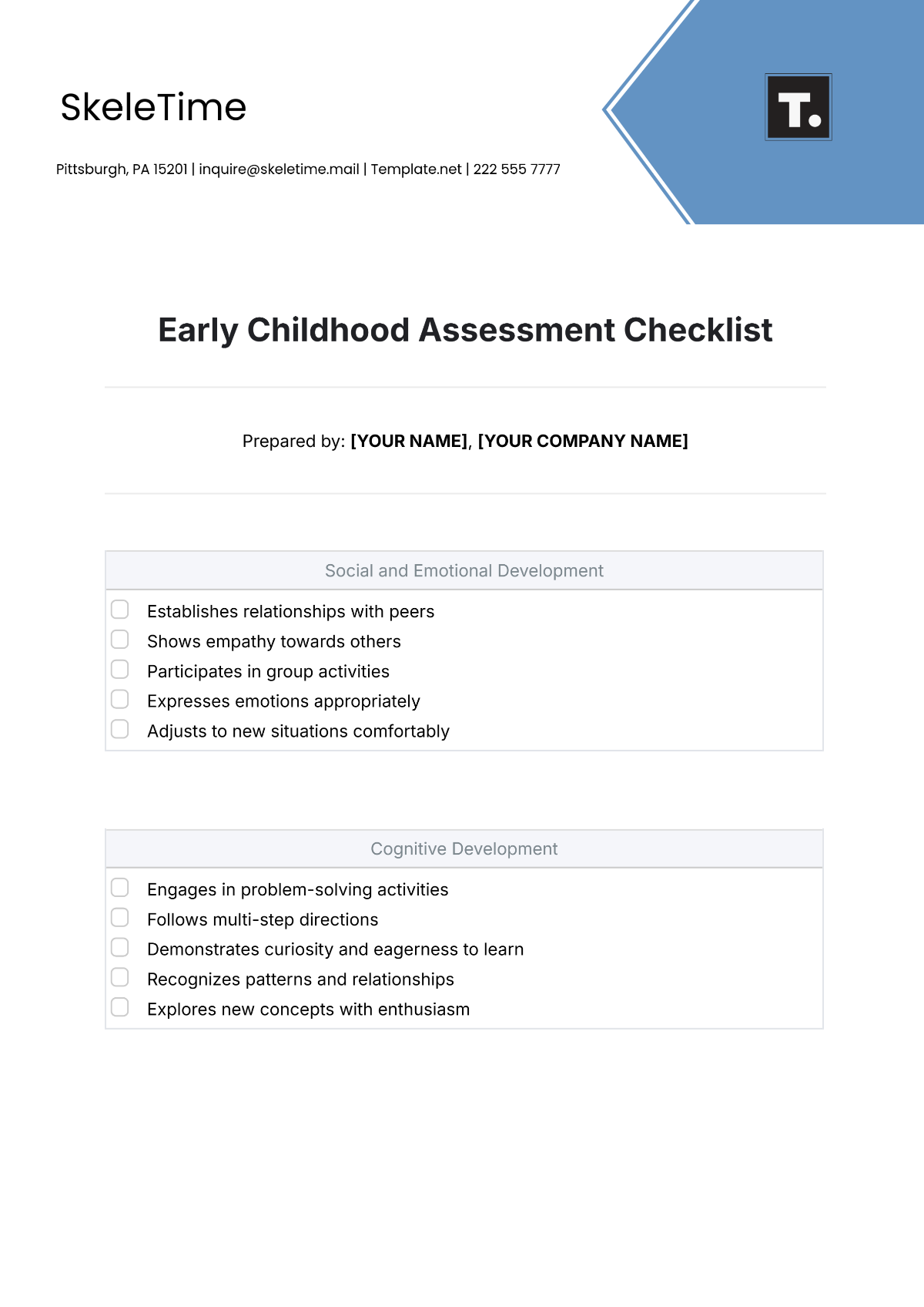 Free Early Childhood Assessment Checklist Template