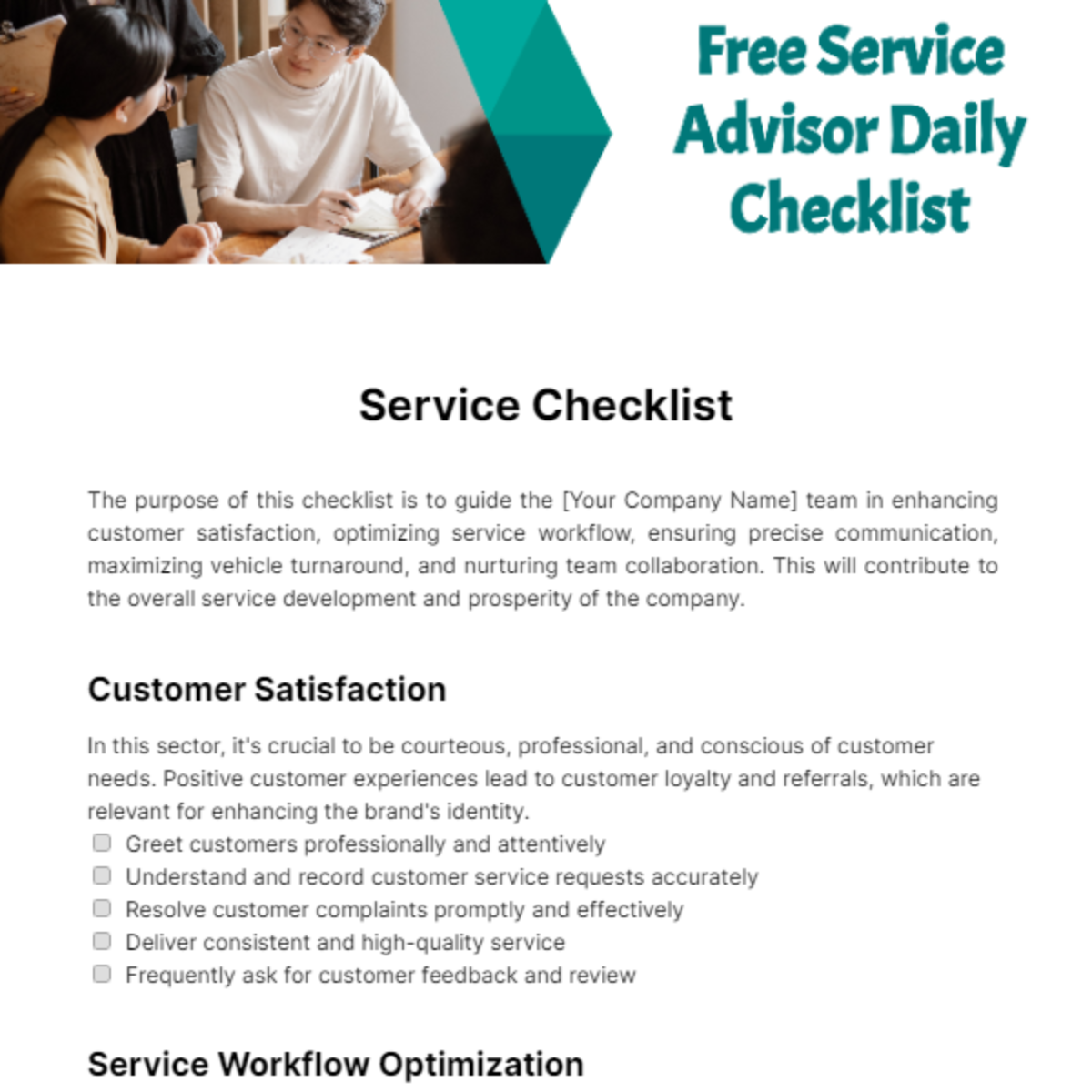 Free Service Advisor Daily Checklist Template