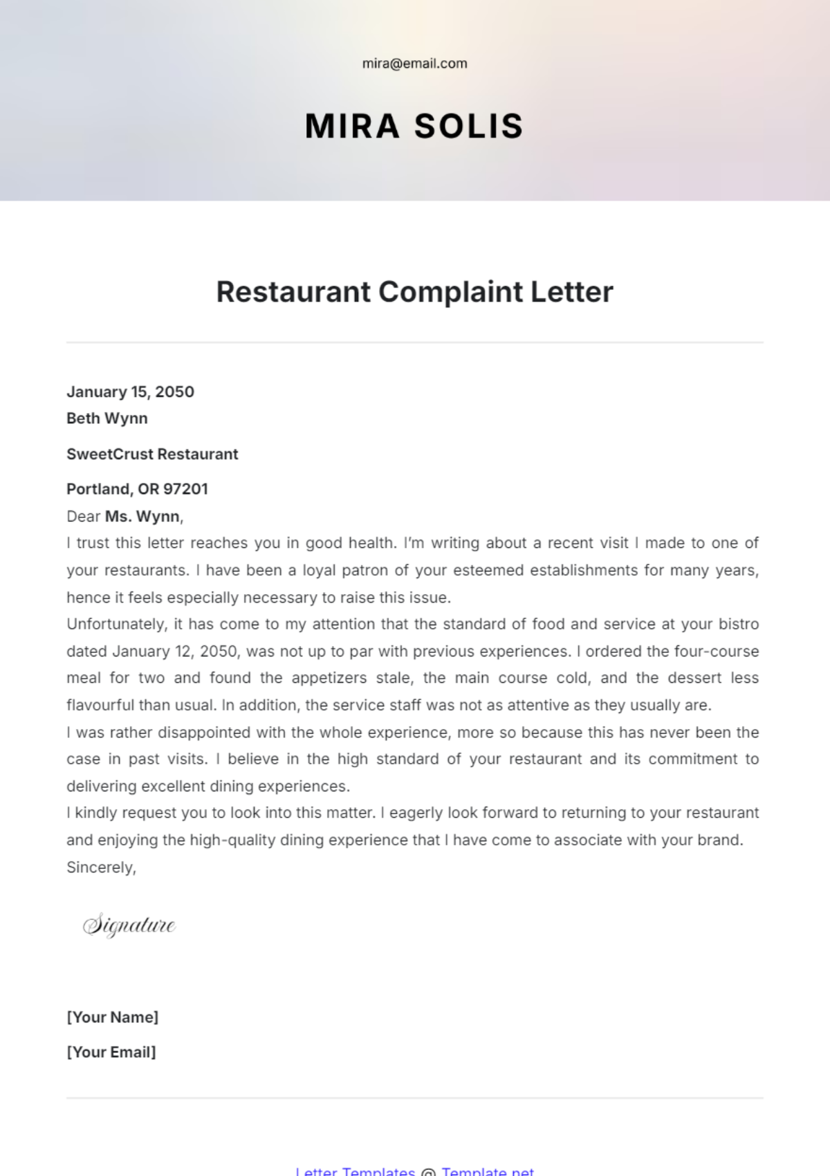 Restaurant Complaint Letter Template - Edit Online & Download