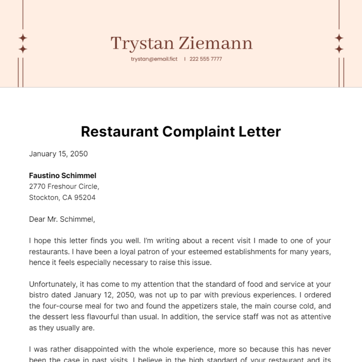 Restaurant Complaint Letter Template