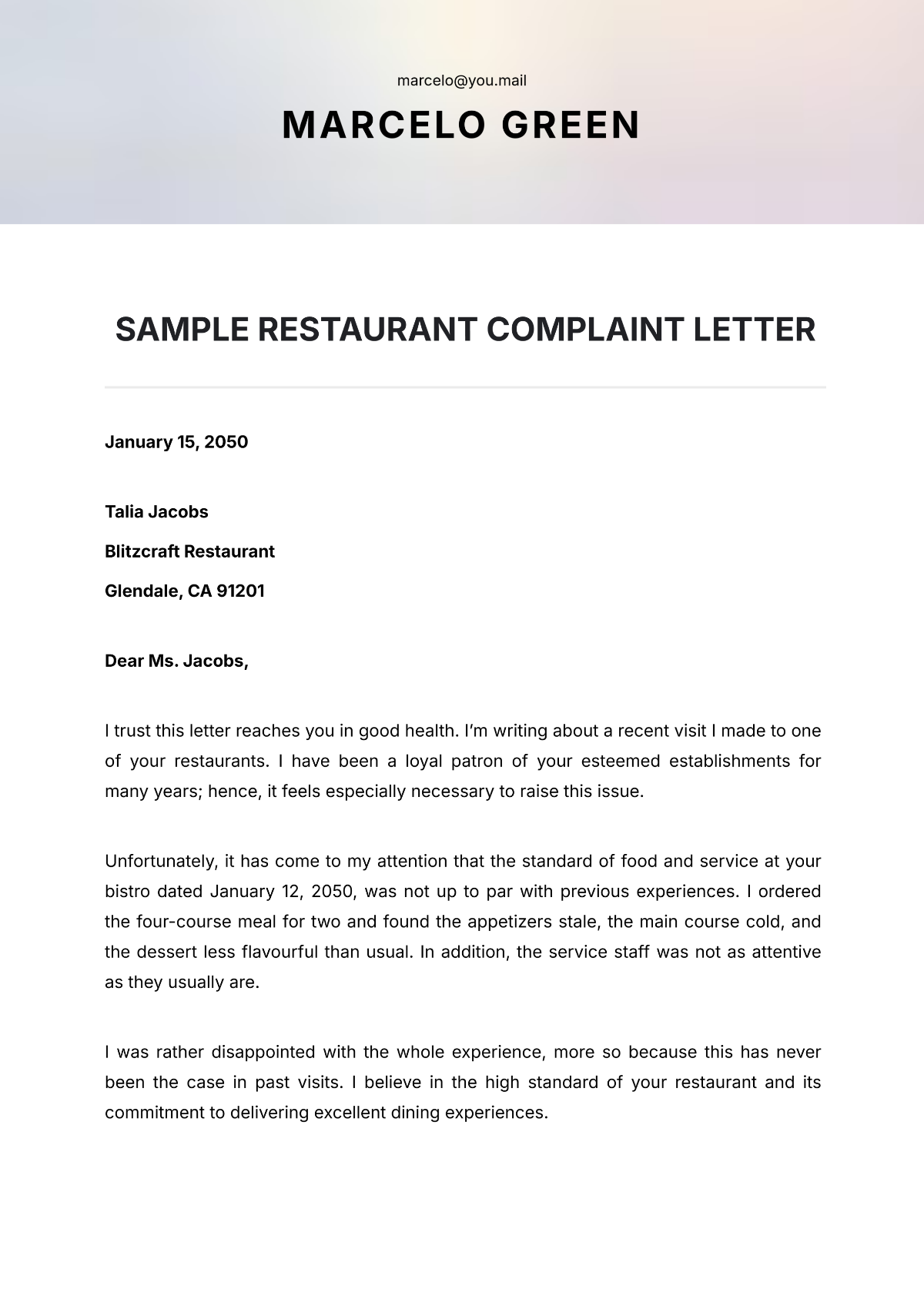 Sample Restaurant Complaint Letter Template - Edit Online & Download