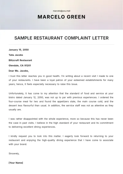 Free Sample Restaurant Complaint Letter Template to Edit Online