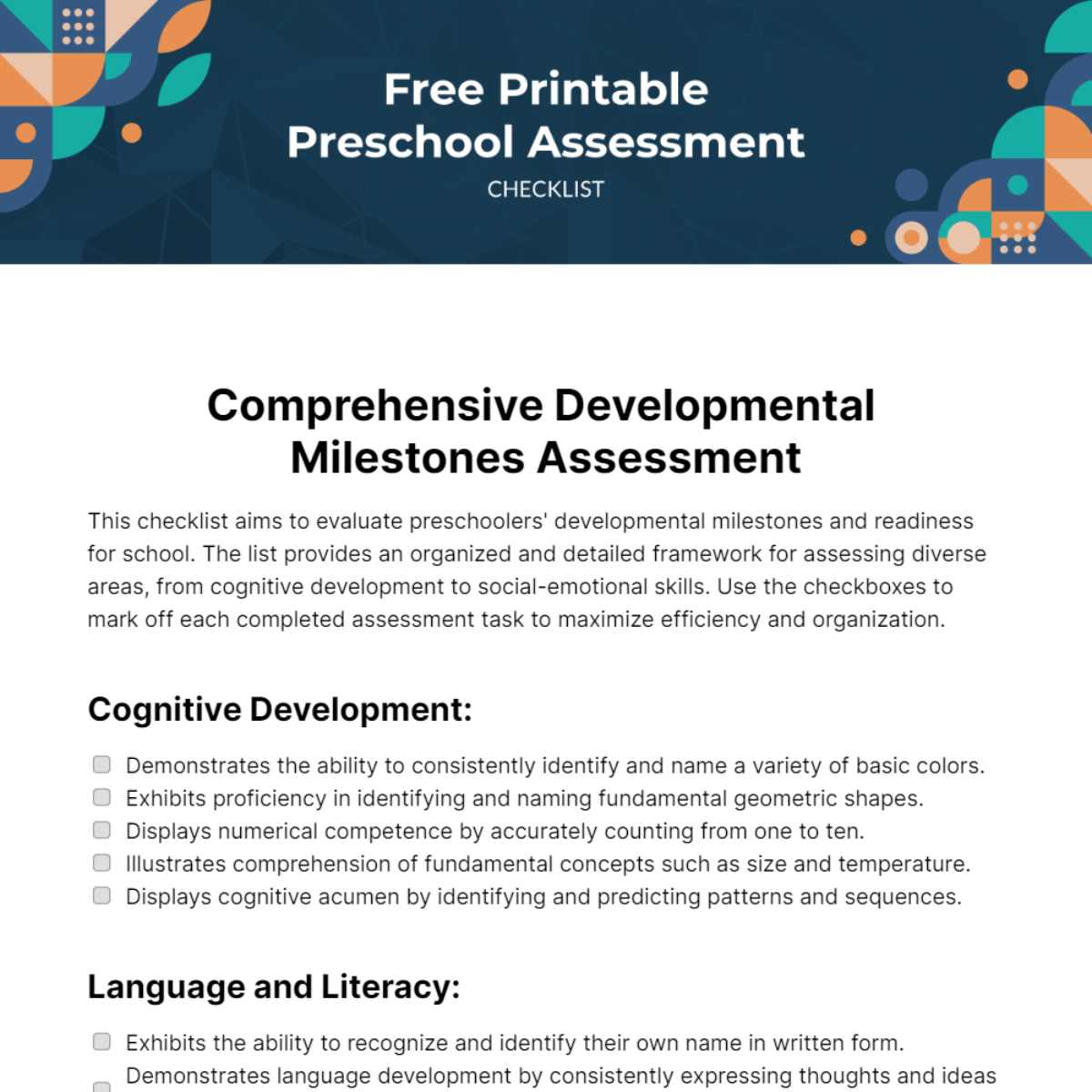 Printable Preschool Assessment Checklist Template
