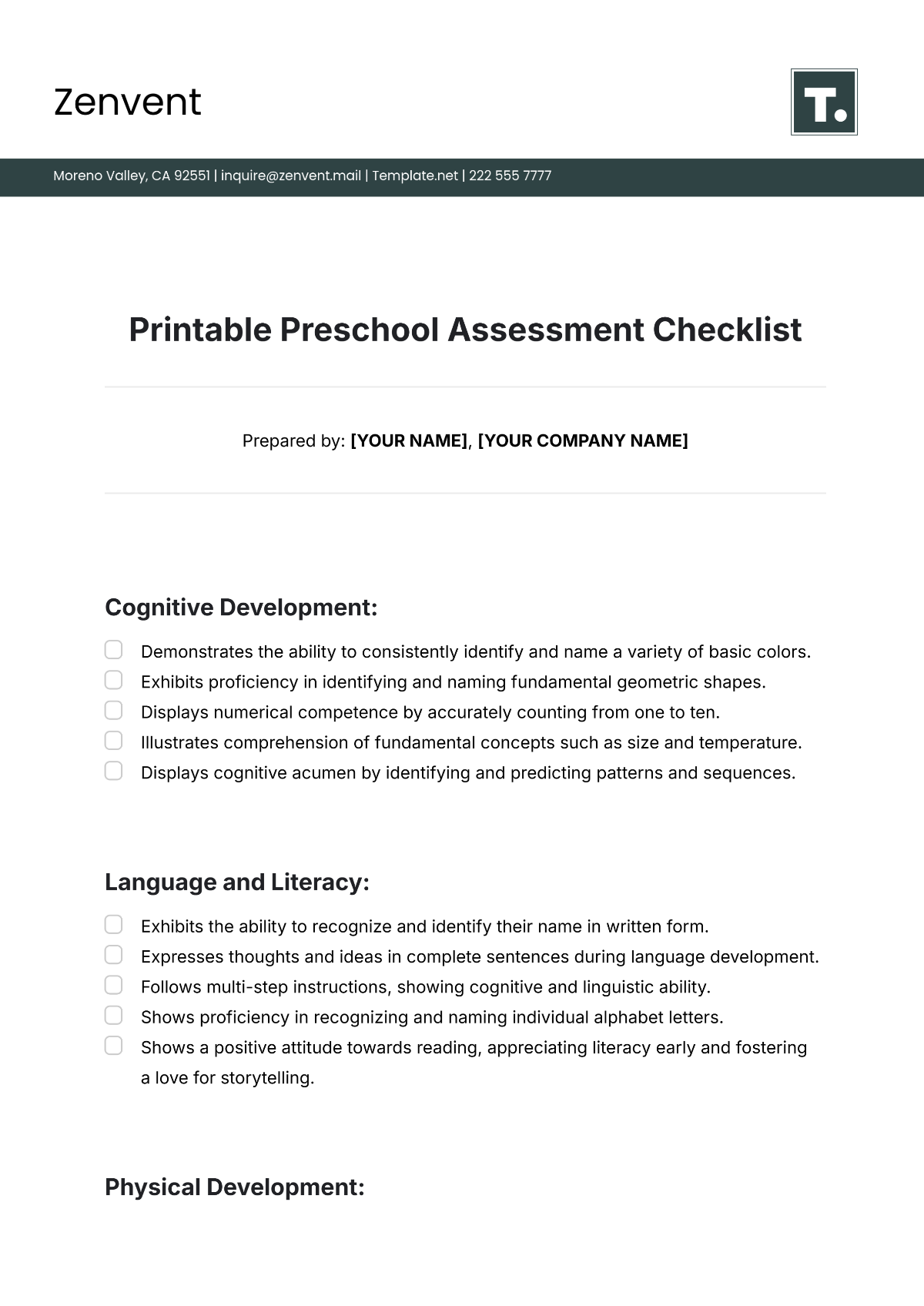 Free Printable Preschool Assessment Checklist Template