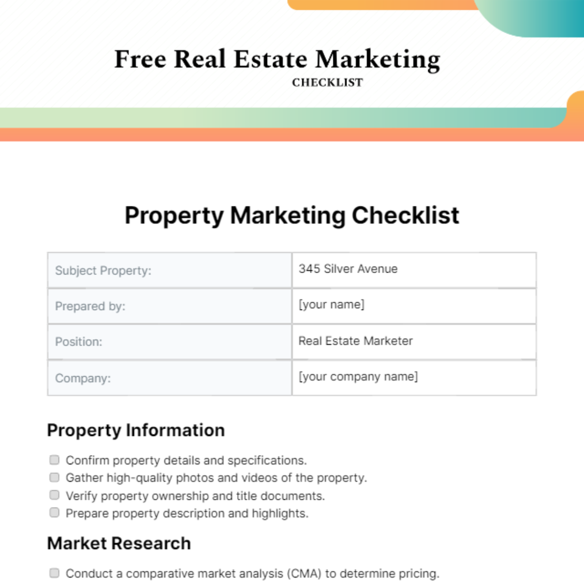 Real Estate Marketing Checklist Template