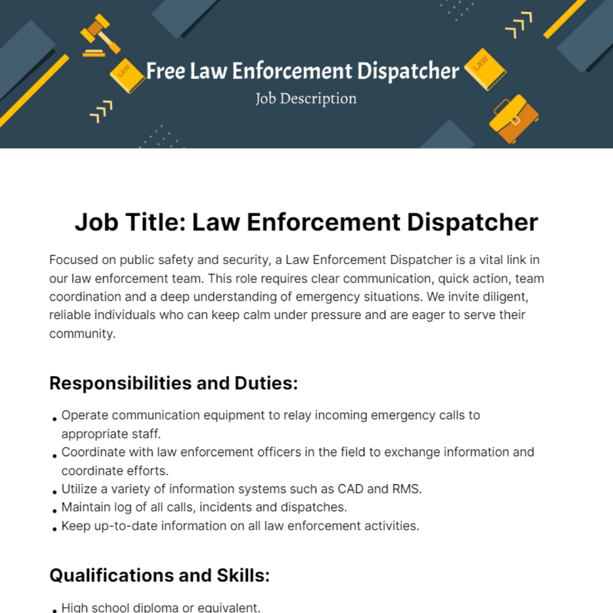 Free Law Enforcement Dispatcher Job Description Template