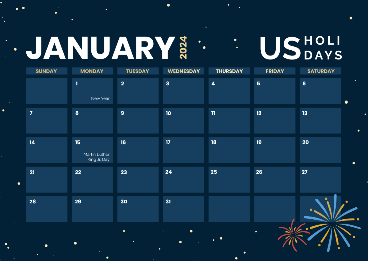 January 2024 Calendar with US Holidays Template
