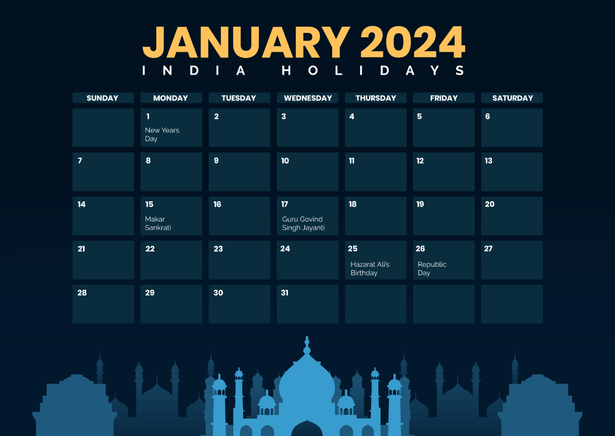 January 2024 Calendar with Holidays India Template