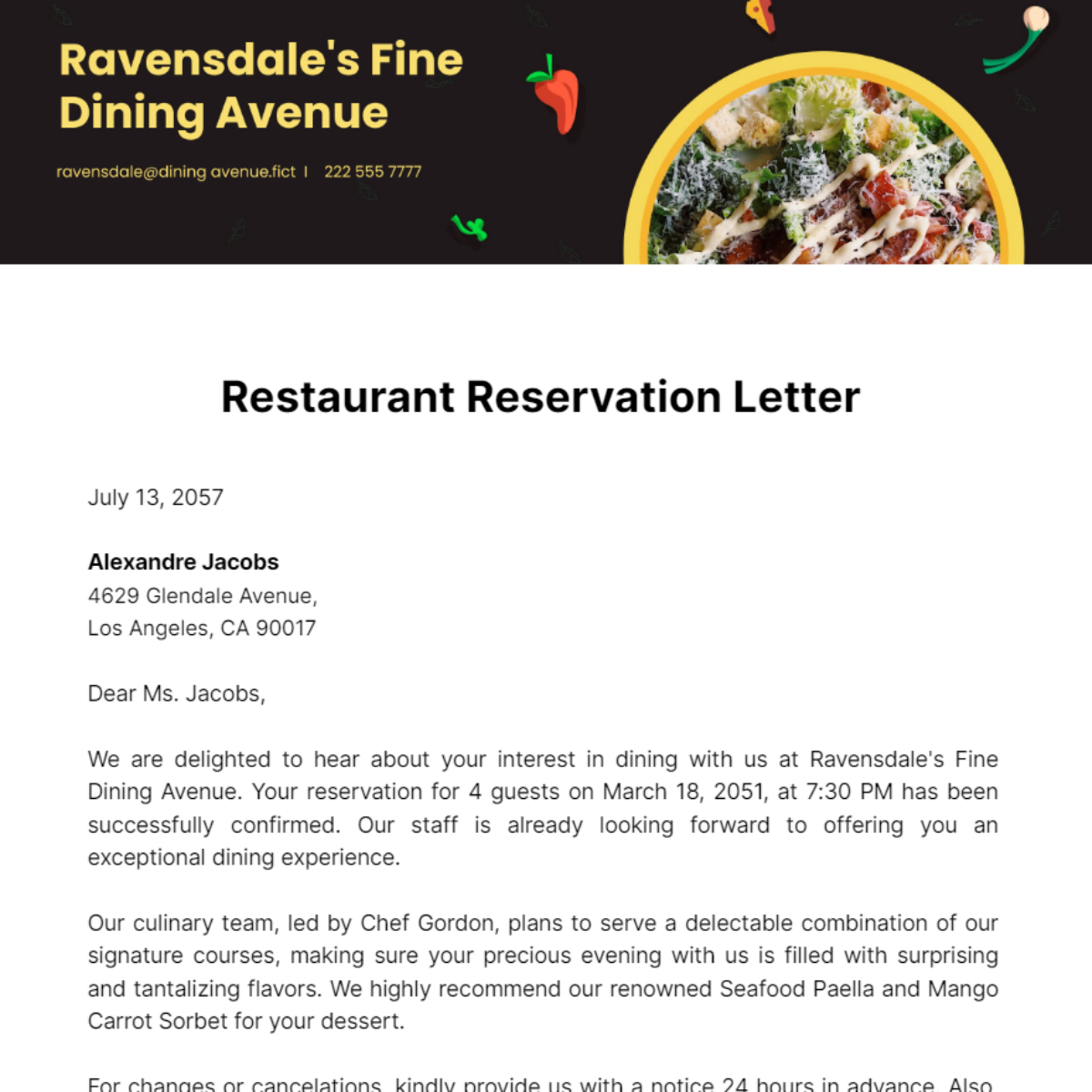 Restaurant Reservation Letter Template