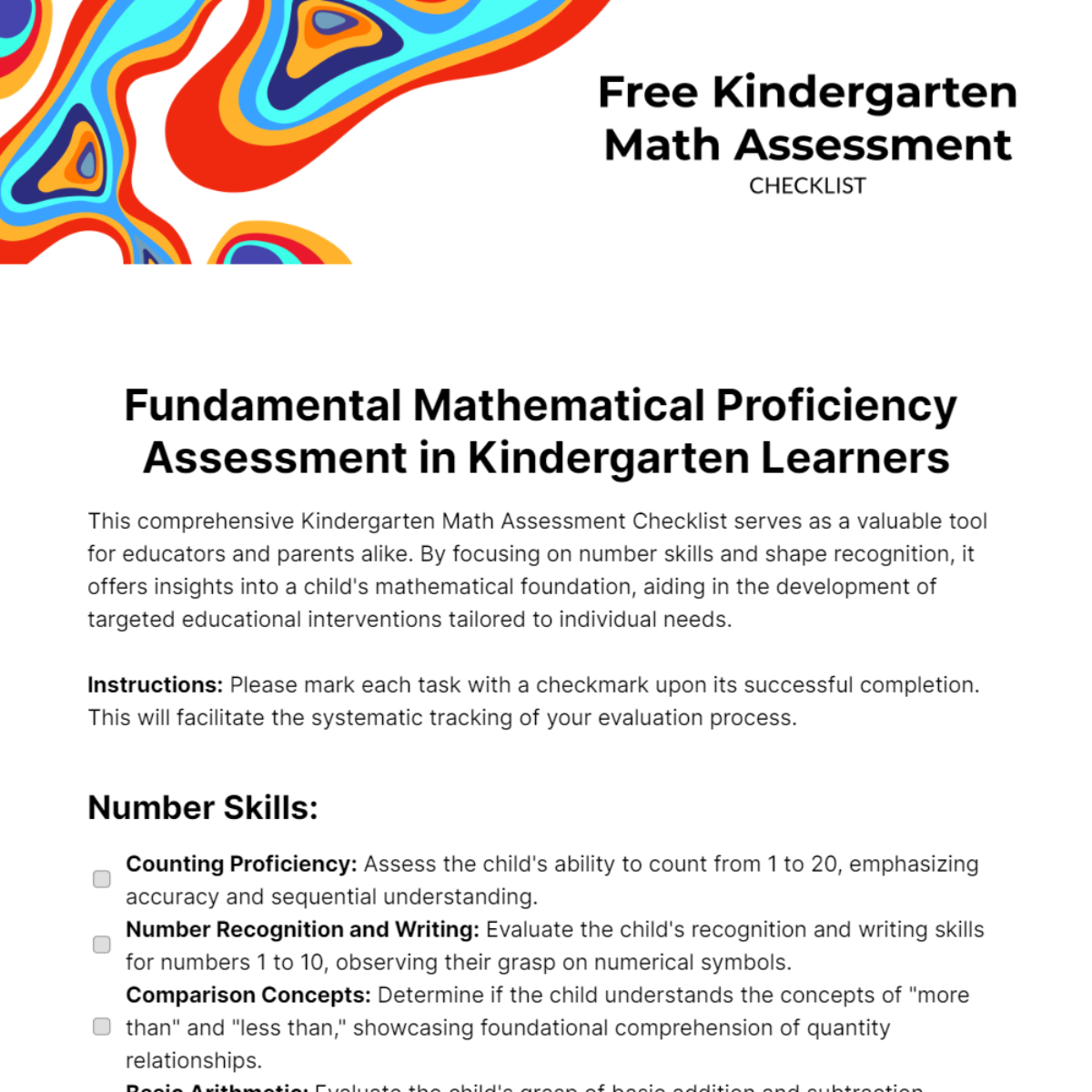 Kindergarten Math Assessment Checklist Template