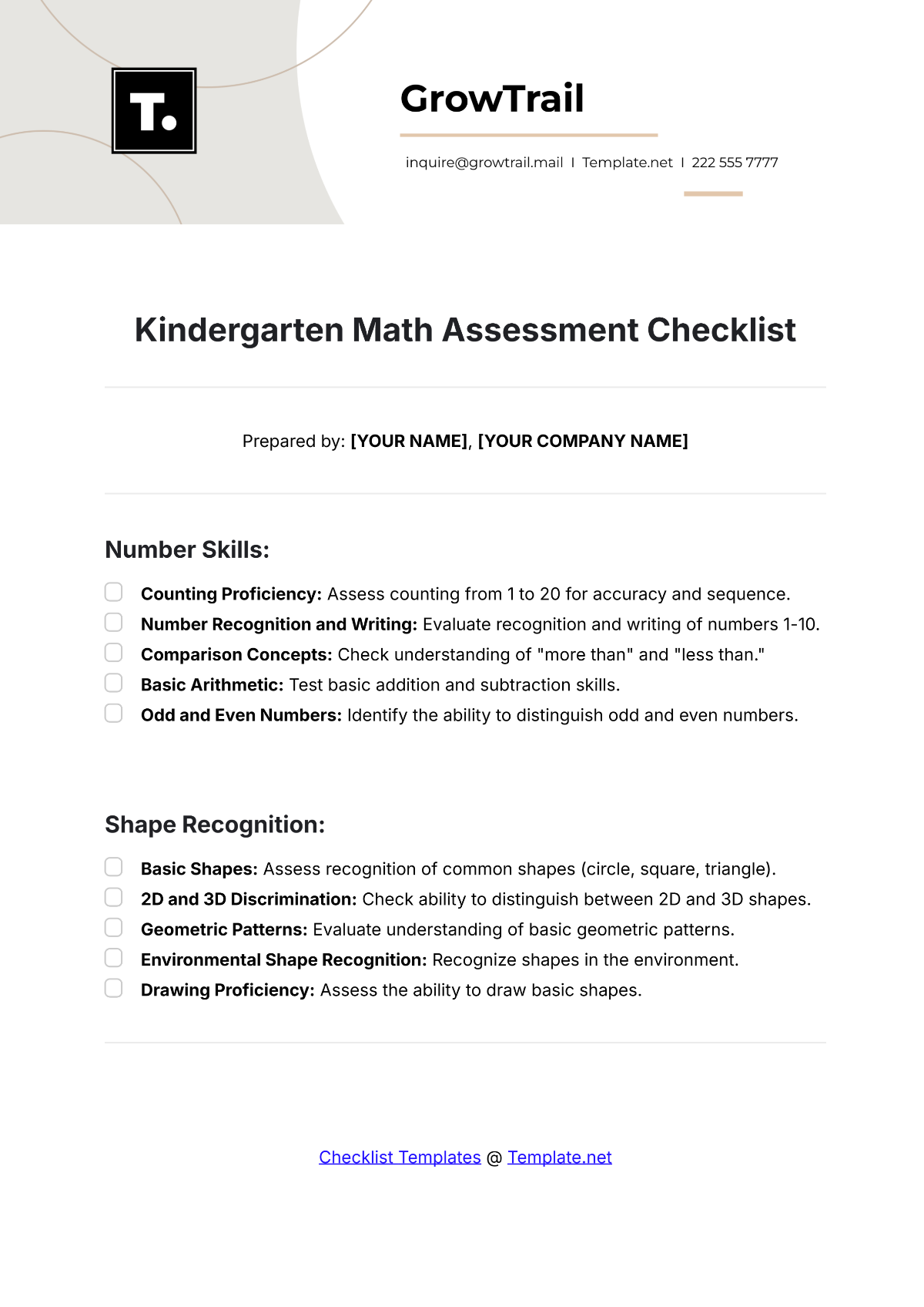 Free Kindergarten Math Assessment Checklist Template