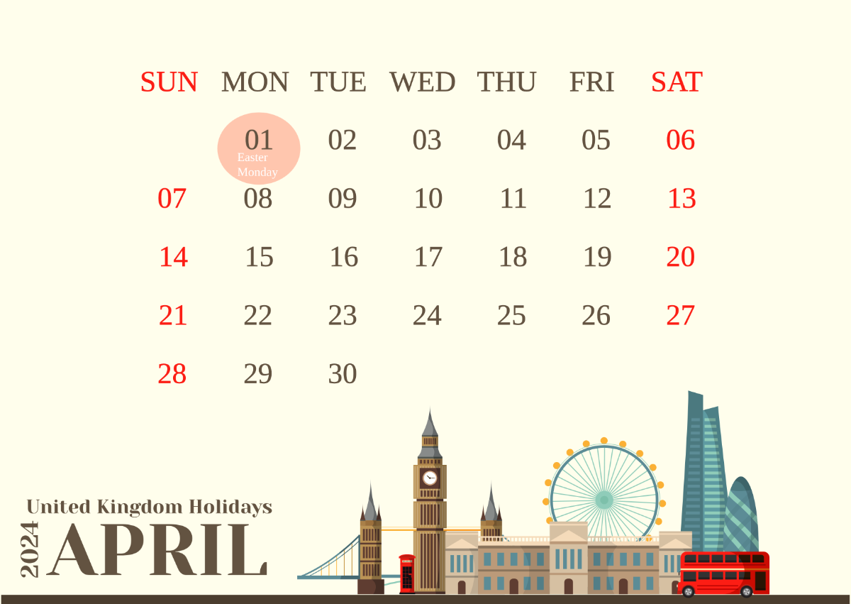 April 2024 Calendar with Holidays UK Template