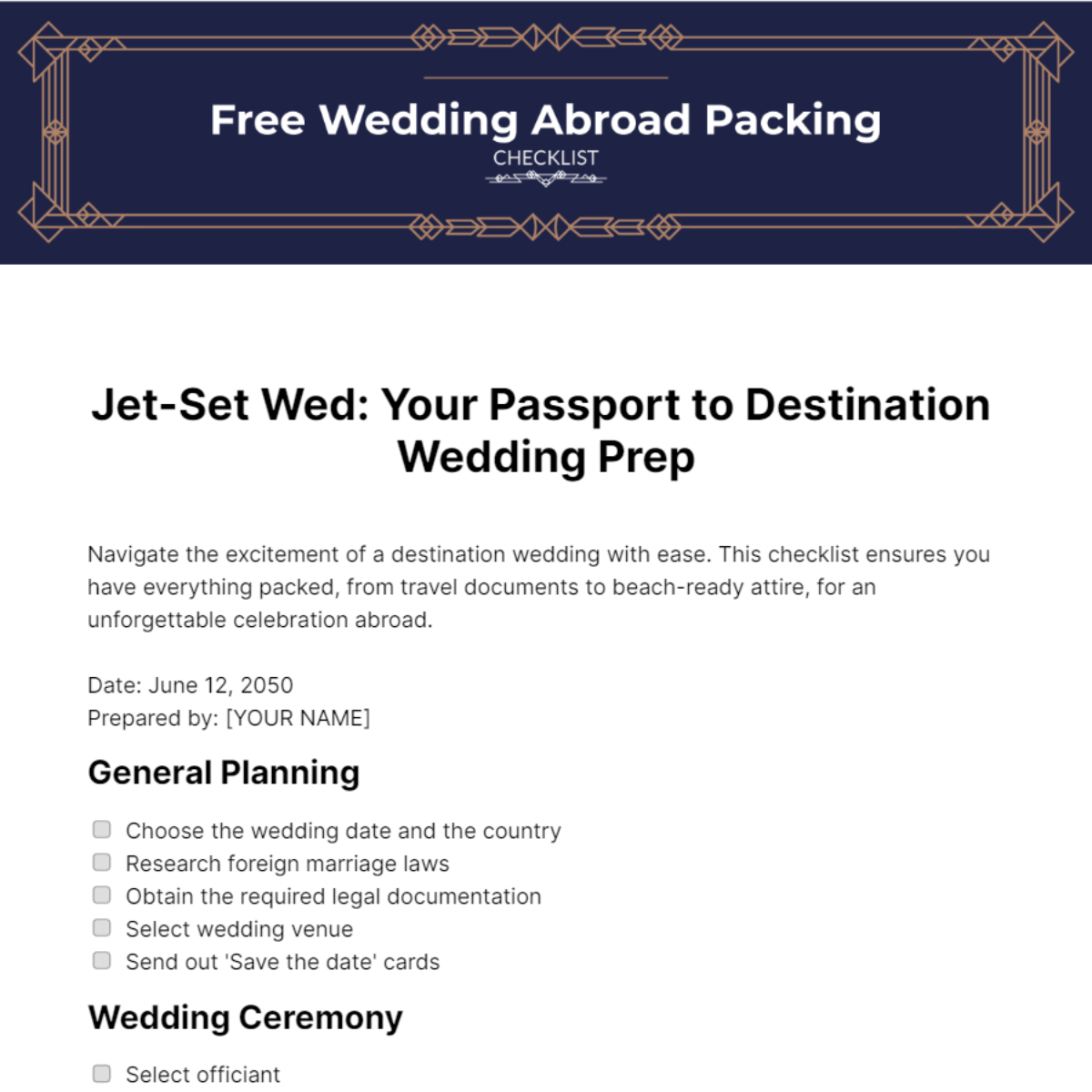 Wedding Abroad Packing Checklist Template