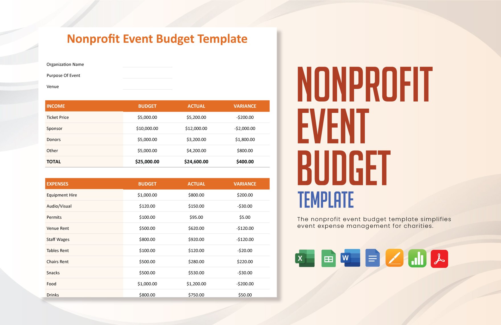 Nonprofit Event Budget Template in Word, Google Docs, Excel, PDF, Google Sheets, Apple Pages, Apple Numbers