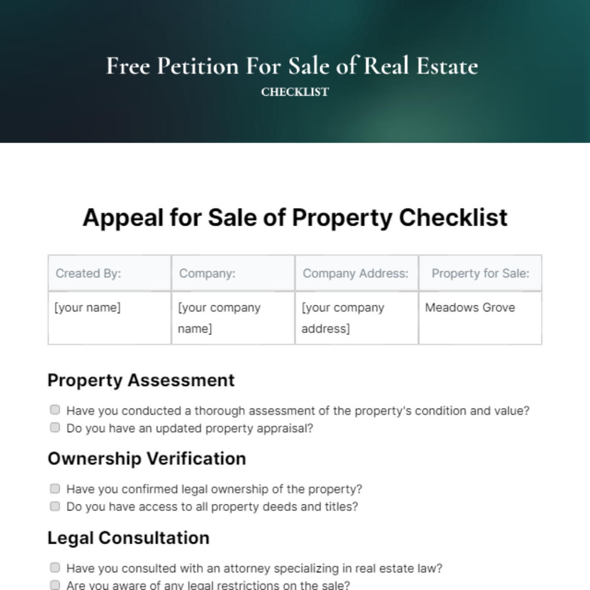 Petition For Sale of Real Estate Checklist Template