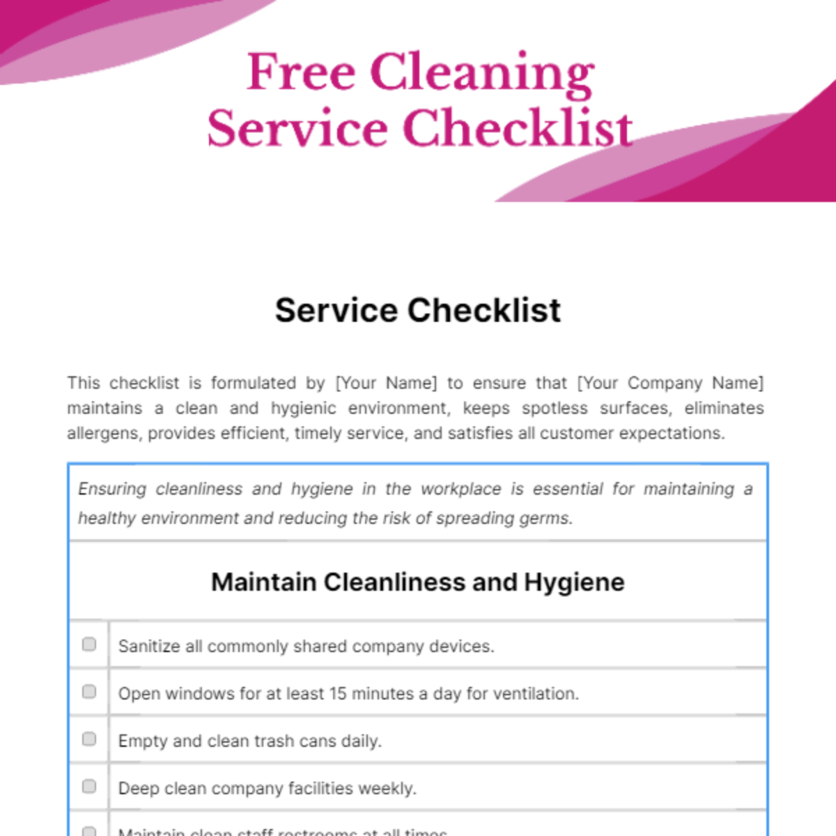 Free Cleaning Service Checklist Template