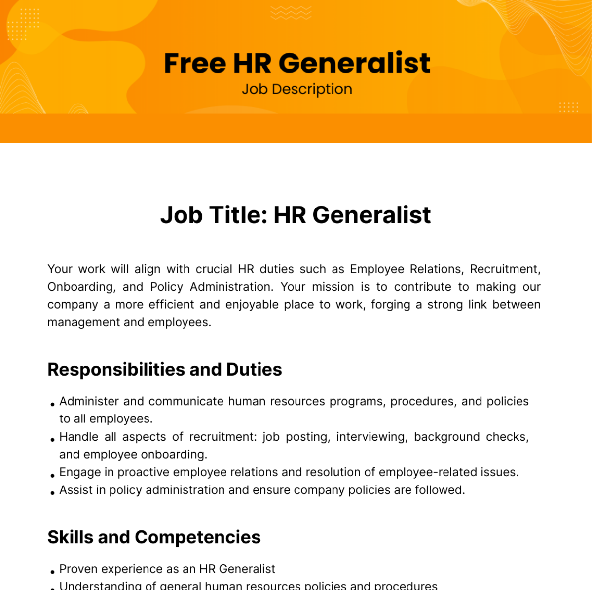 Human Resources (HR) Generalist Job Description Template