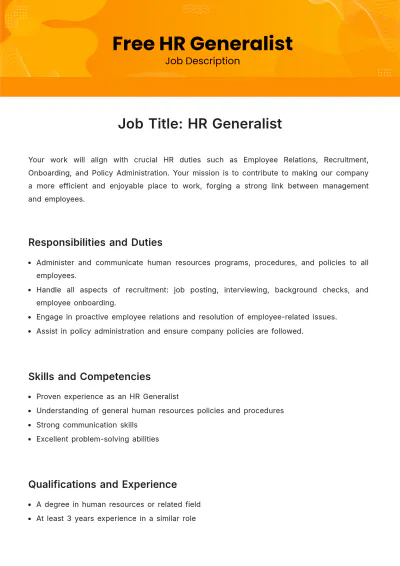 Free Human Resources (HR) Generalist Job Description Template to Edit Online