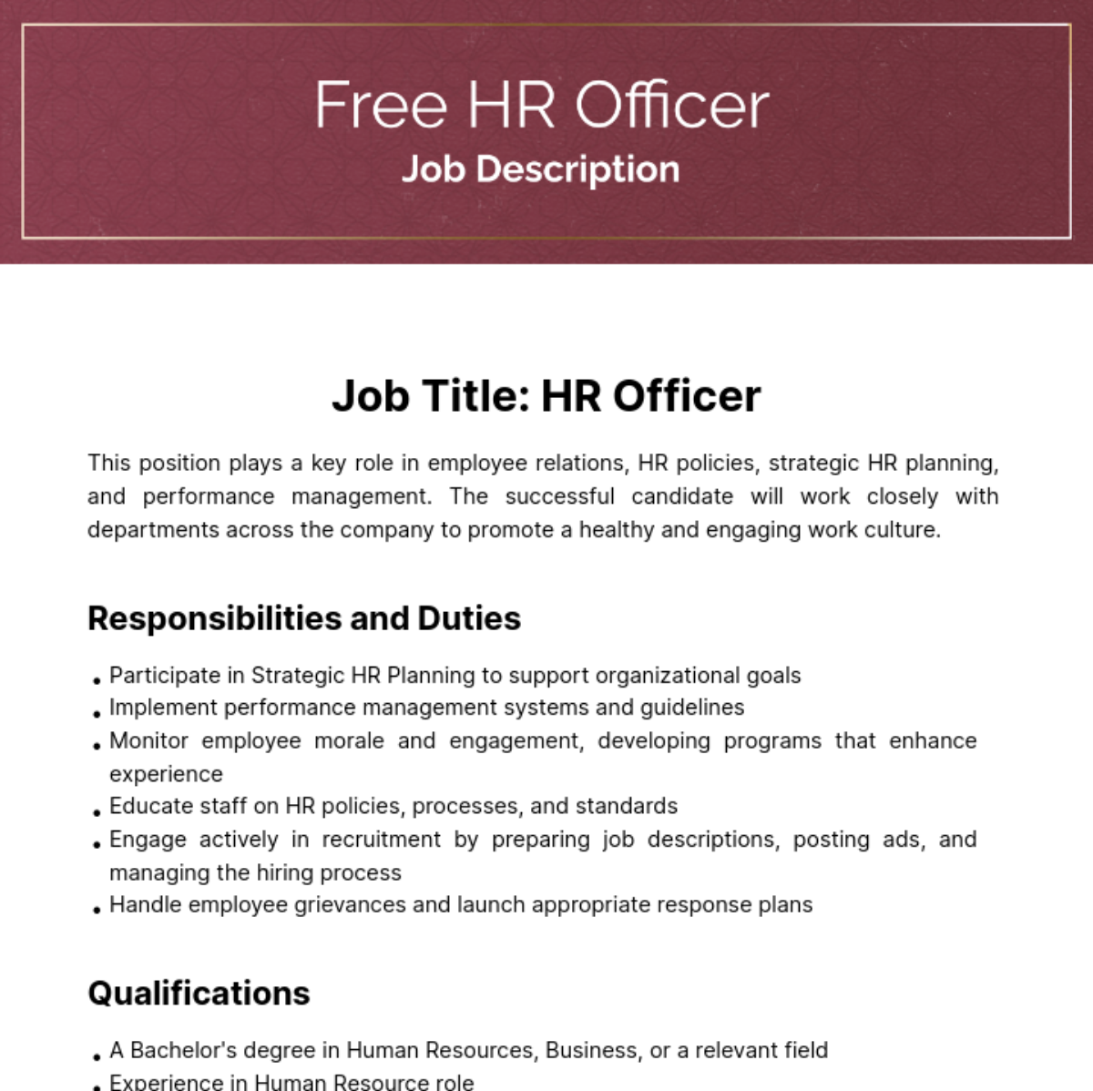 Human Resources (HR) Officer Job Description Template