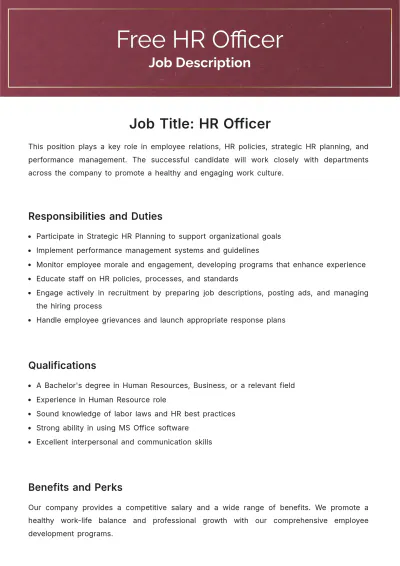 Free Human Resources (HR) Officer Job Description Template to Edit Online