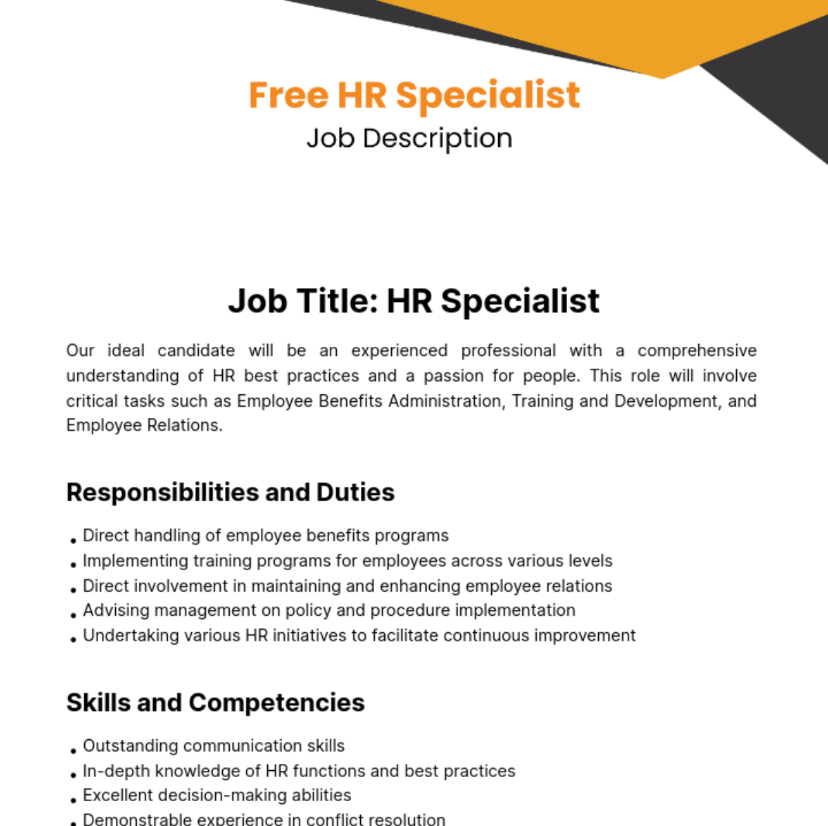 Human Resources (HR) Specialist Job Description Template
