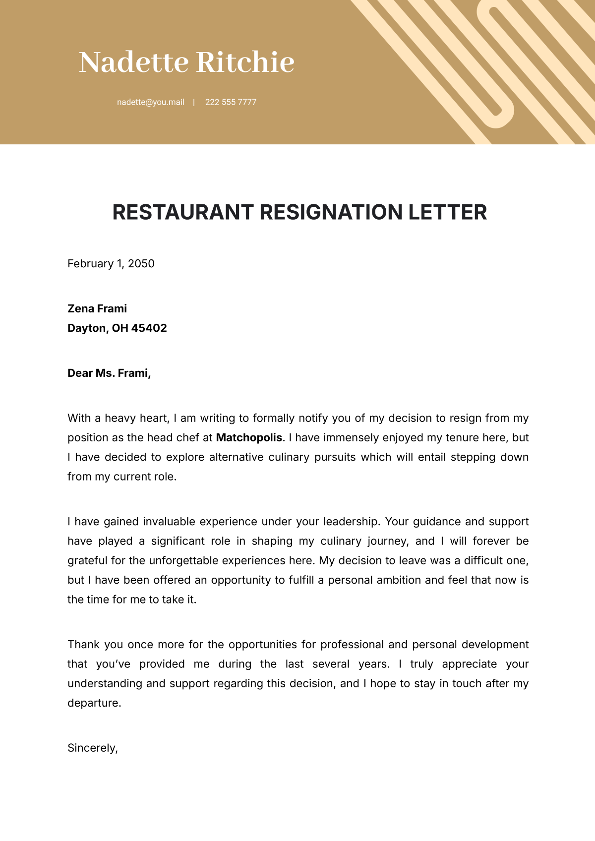 Restaurant Resignation Letter Template - Edit Online & Download