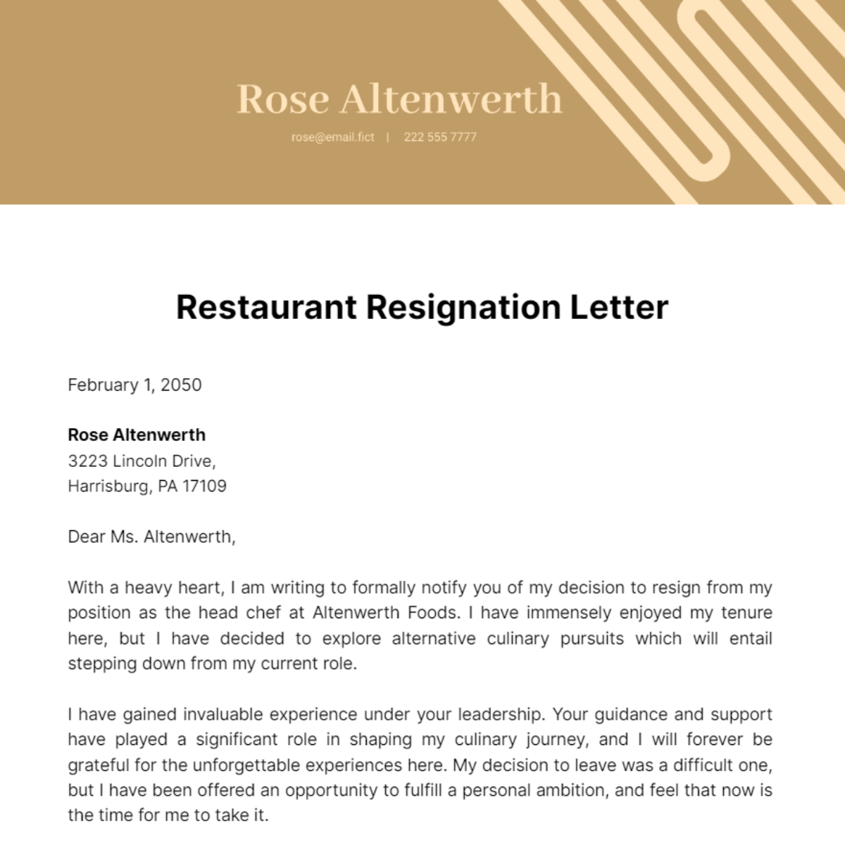 Restaurant Resignation Letter Template