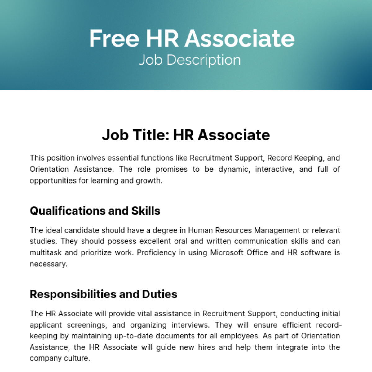 Human Resources (HR) Associate Job Description Template