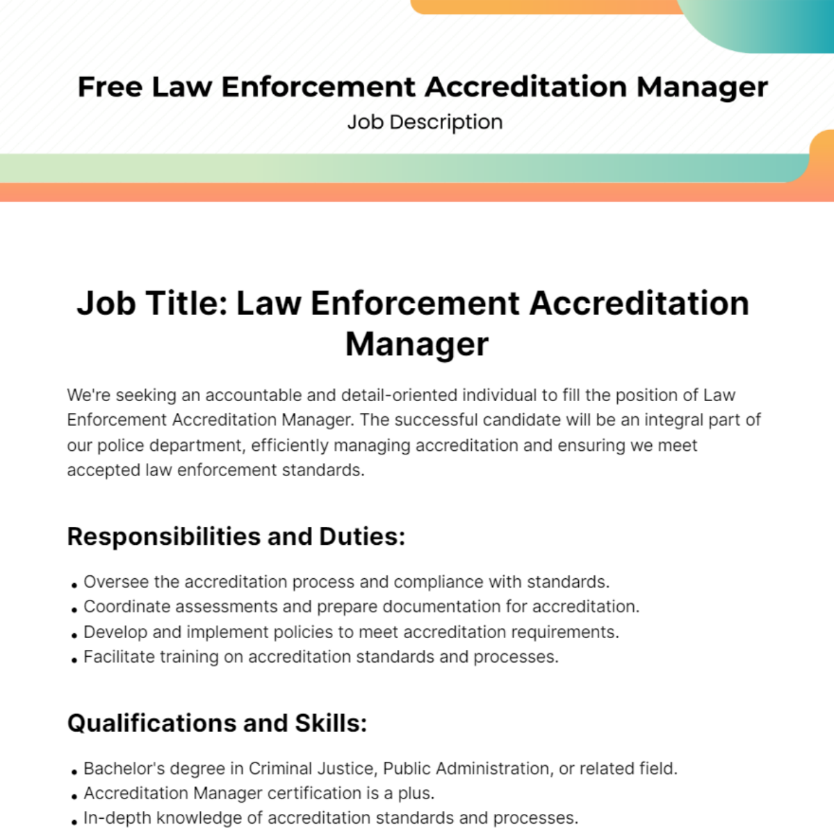 Free Law Enforcement Accreditation Manager Job Description Template