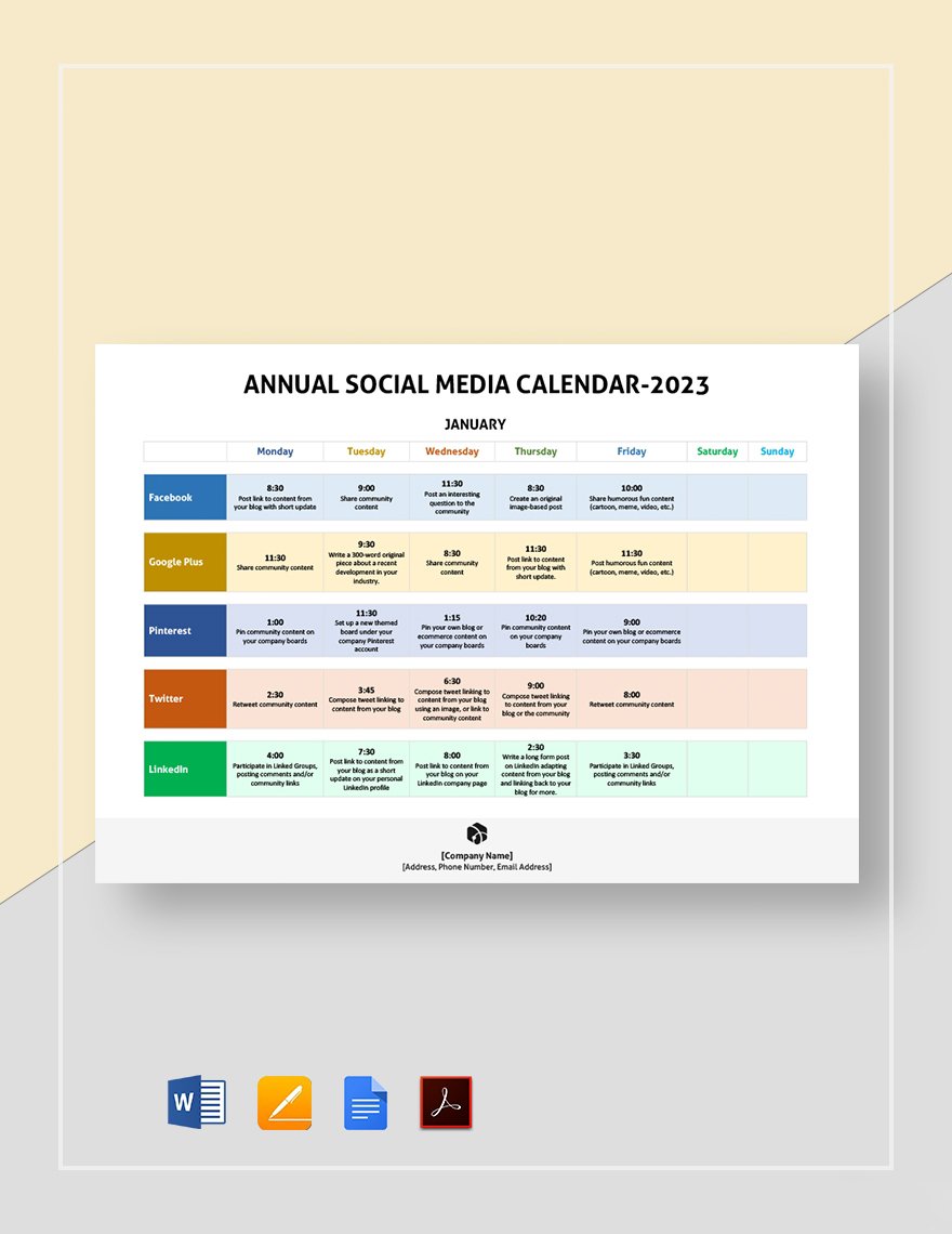 Annual Social Media Calendar Template in Pages, MS Word, GDocsLink