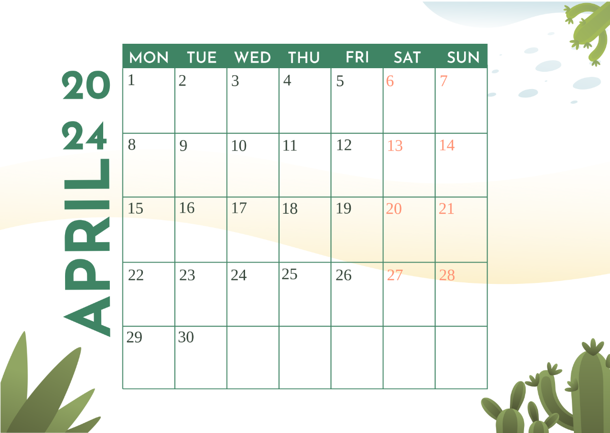 Horizontal April 2024 Calendar Template